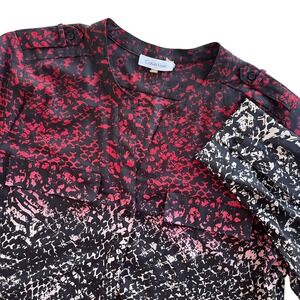 Calvin Klein Women XL Red Black Snakeskin Print Roll Tab Sleeve Button Front Top